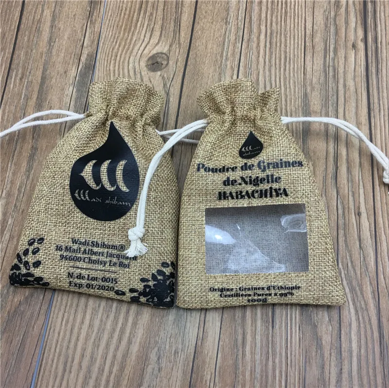Customized logo PVC window small jute bag for black seeds