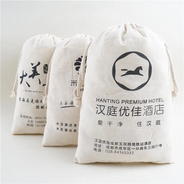 Hotel Use Custom Logo Printed Cloth Drawstring Cotton Laundry Bag