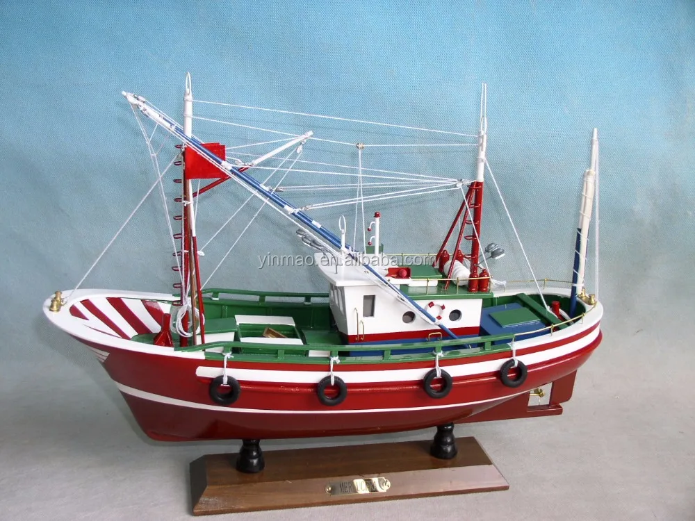 Wooden Fishing ship model with sail, Red 42x13x36cm, 3 mast Fishing Shrimp crab boat model
