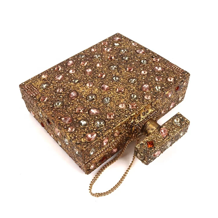 Retro vintage antique women ladies metal frame perfume bottle evening bag party wedding clutch purse with crystal rhinestone