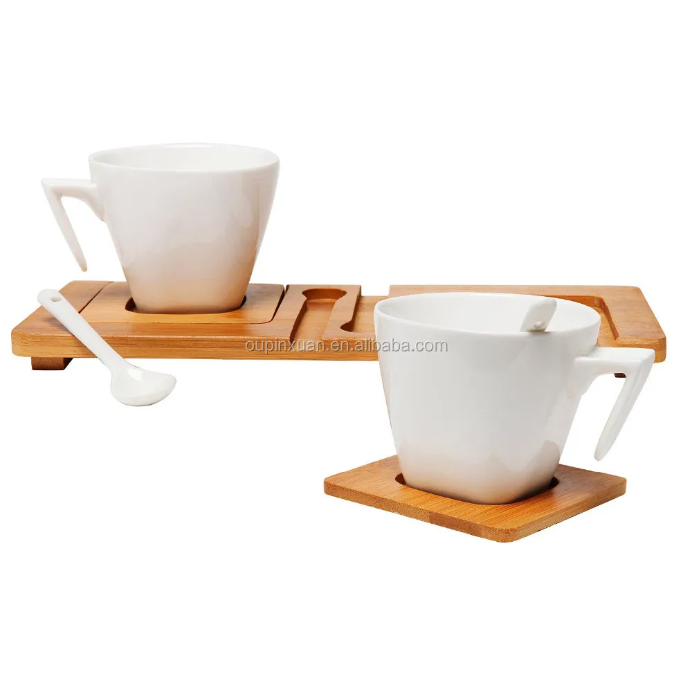 Bamboo tea coffee canister set Modern White Ceramic Tea Cups and Spoons on Bamboo Serving Tray Inset Coasters