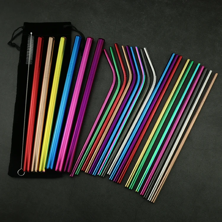 metal eco drinking straws custom laser logo color straw 304 stainless steel hot sale straw with bag pouch