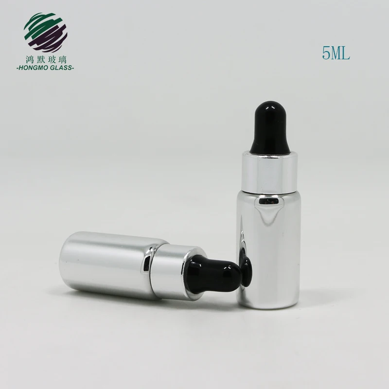 5 ml shiny silver electroplated small mini glass vials 5ml glass dropper bottle for serum essential oil samples packaging
