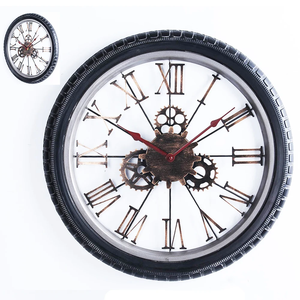 Retro Tire Gear Wrought Iron Mechanical Wall Clock for Decorate