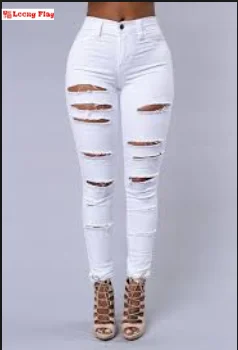 Blue Black Ripped Jeans Women High Waist Mom Stretch Ripped Jeans Skinny Pants Hole Baggy Trousers Long Denim Jeans Pants
