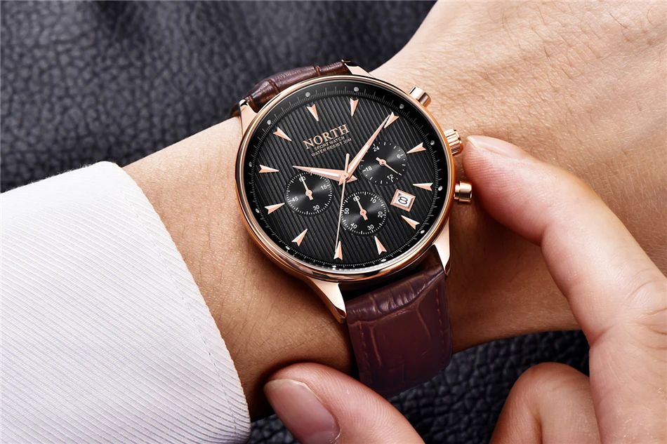 Luxury Brand NORTH Men Watches Auto Date Chronograph Working Quartz Watch Men Gold Casual Sport  Wrist Watch NW7722