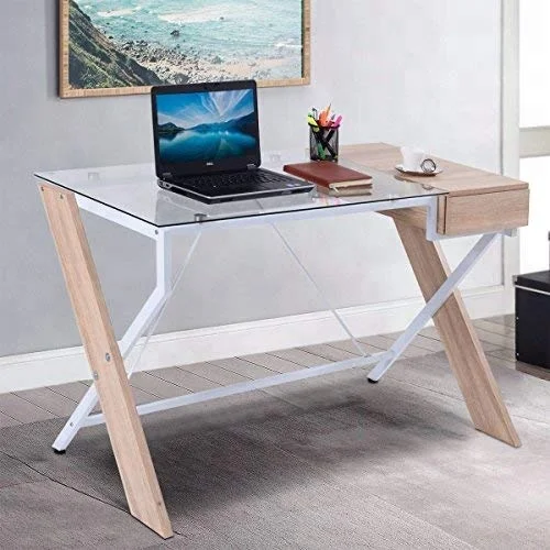 Laptop Computer Desk with drawer Wood /Glass Tabletop for Home Office Work Study Writing Desk Table Modern Computer Workstation