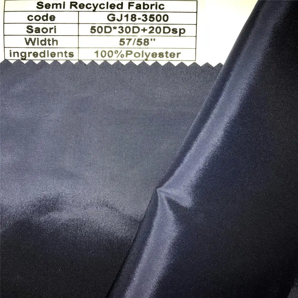 Semi Recycled fabric with certification and hanger /50D*30D+20DSP 100%Polyester soft and shiny fabric for garments