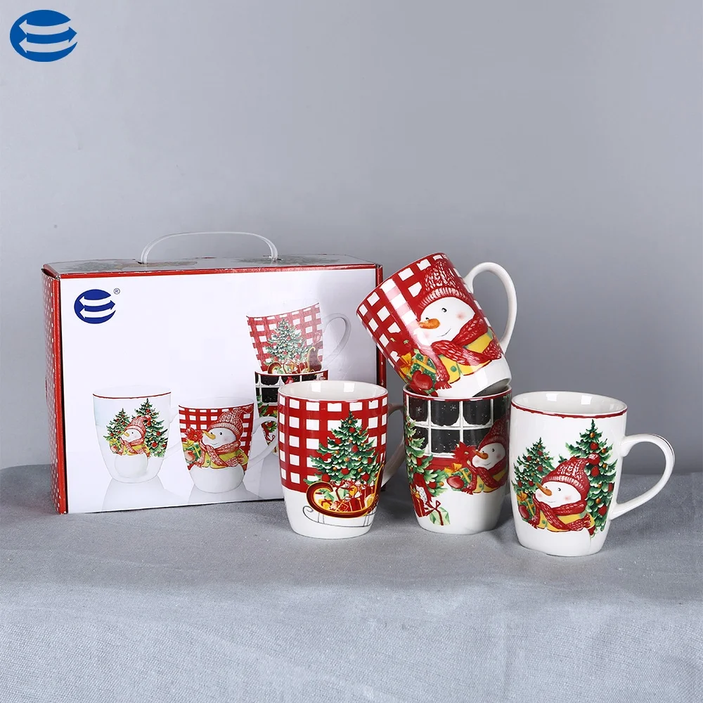 
Hot sale color box packing 4pcs porcelain snowman coffee mugs Christmas drinking cup set 