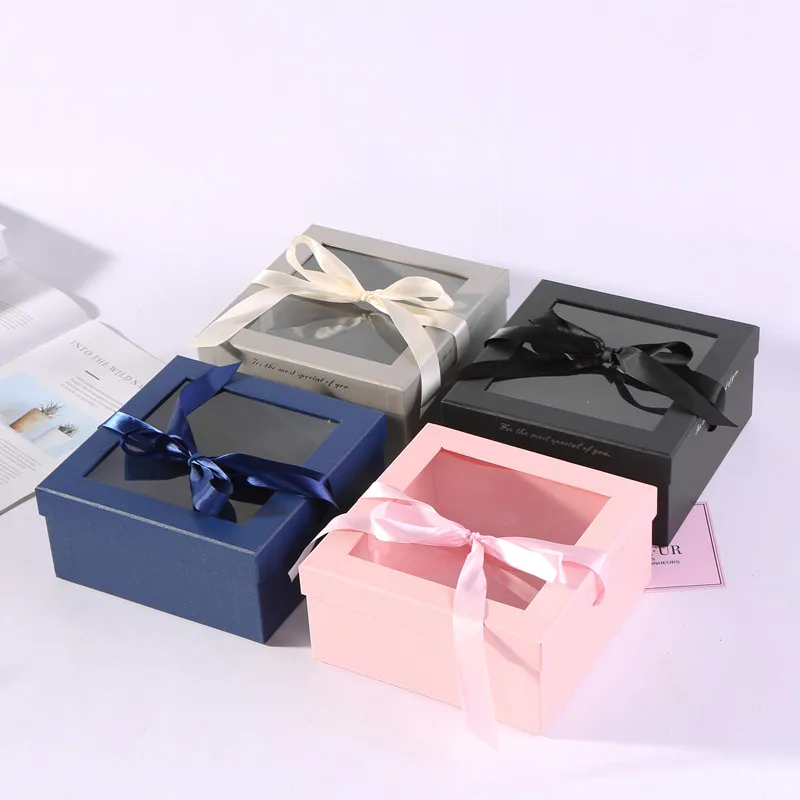 luxury custom plastic PVC window paper gift packaging box with ribbon