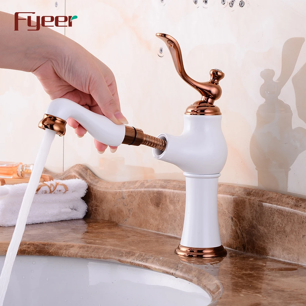 Fyeer Brass Body Painted White Pull Out Basin Faucet
