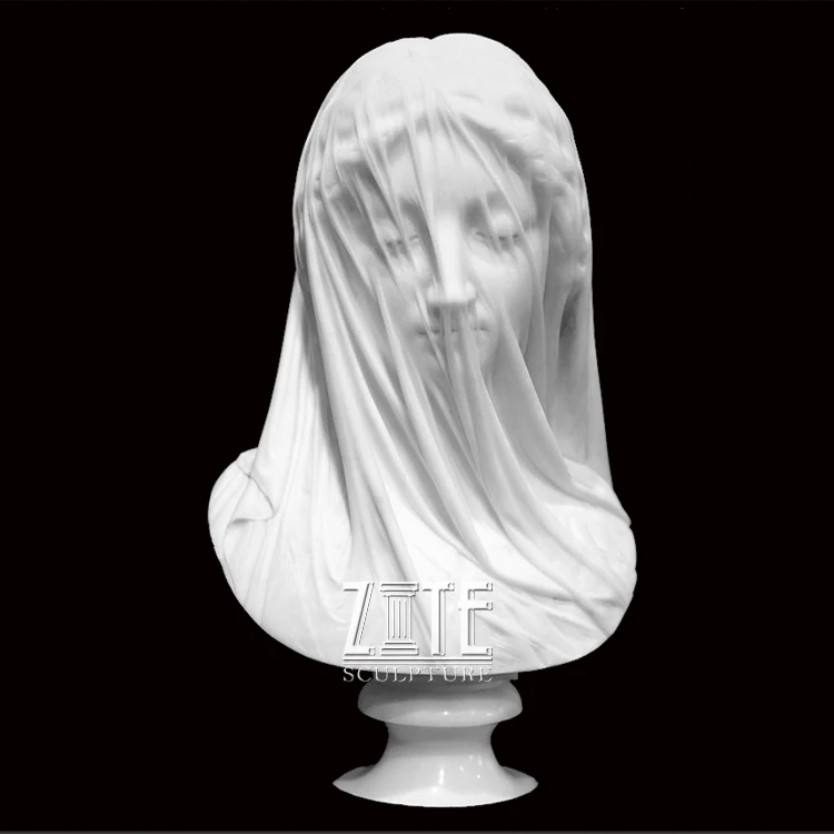 Beautiful Hand Carved White Marble Veiled Woman Girl Bust Statue Human Head Sculpture