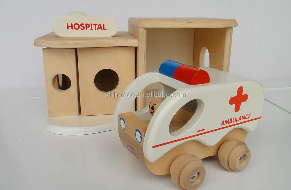 
Solid wood kids small wooden toy accessories hospital car 