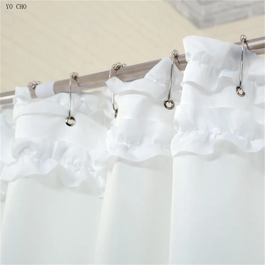 Thicken lace curtain for the bathroom waterproof bath curtain with metal hooks polyester fabric white ruffle shower curtain