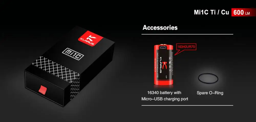 Klarus Mi1C Ti / Mi1C Cu mini Flashlight update of MI7 600 Lumens Included a Micro-USB charging 16340 battery