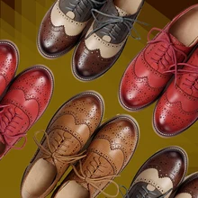 2016 Genuine Leather Shoes Women Brogues Oxfords Flat Heels Round Toe Handmade Women Casual Shoes Sheepskin Plus Size