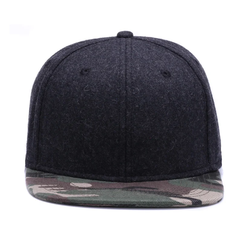 Wholesale Custom Made Wool Blend Fabric Blank Camo Flat Brim Low Profile Design Snapback Cap Hats