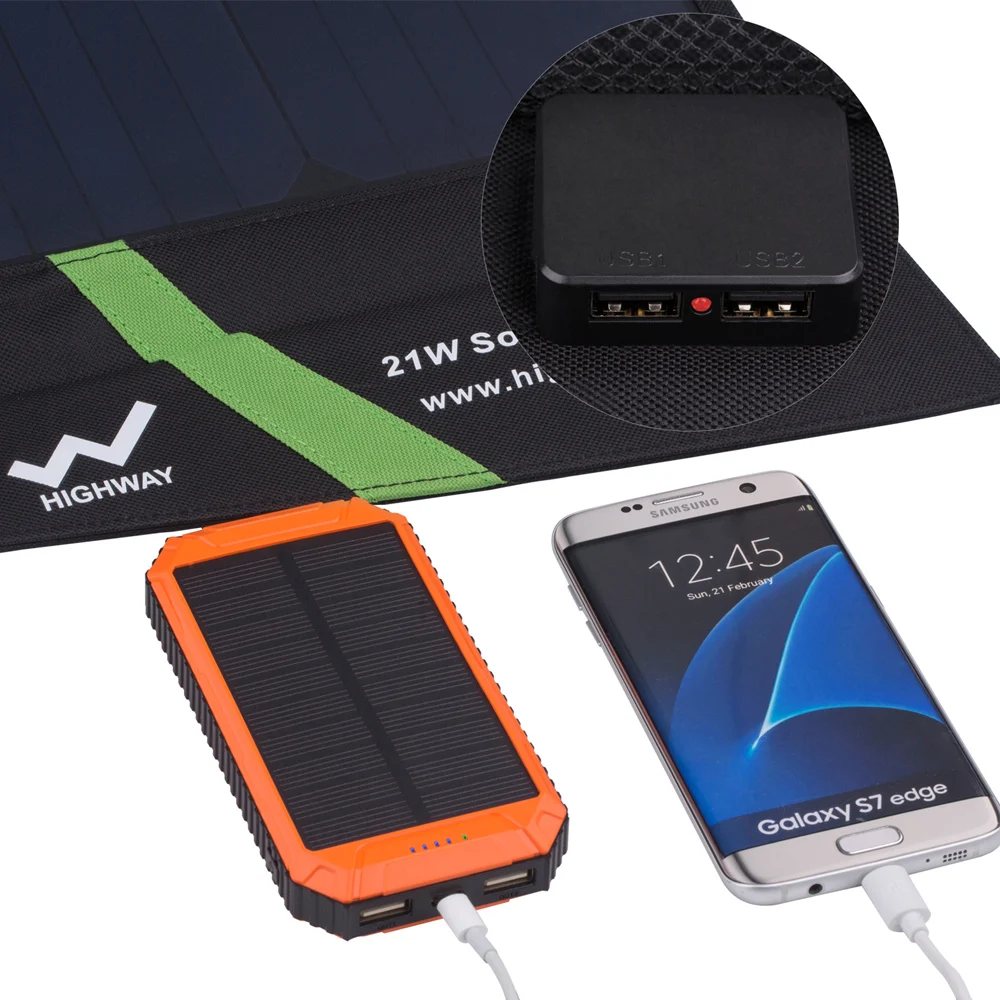 Quick Charging Solar Charger 21W 5V Light Weight Solar Panel Charger With Dual USB Ports Waterproof Foldable For Camping Travel