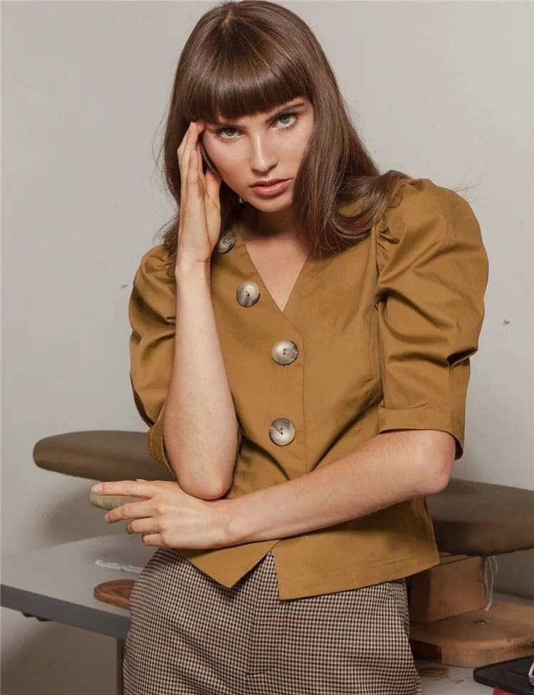 
Cheap Price Women Retro Puffy Sleeve Brown Oversize Buttons Short Blouses Cotton Shirts 