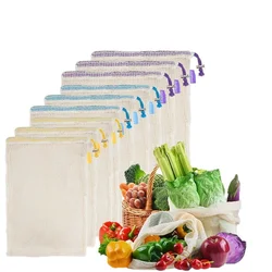 Reusable organic cotton mesh produce bag with drawstring for grocery shopping fruit vegetable