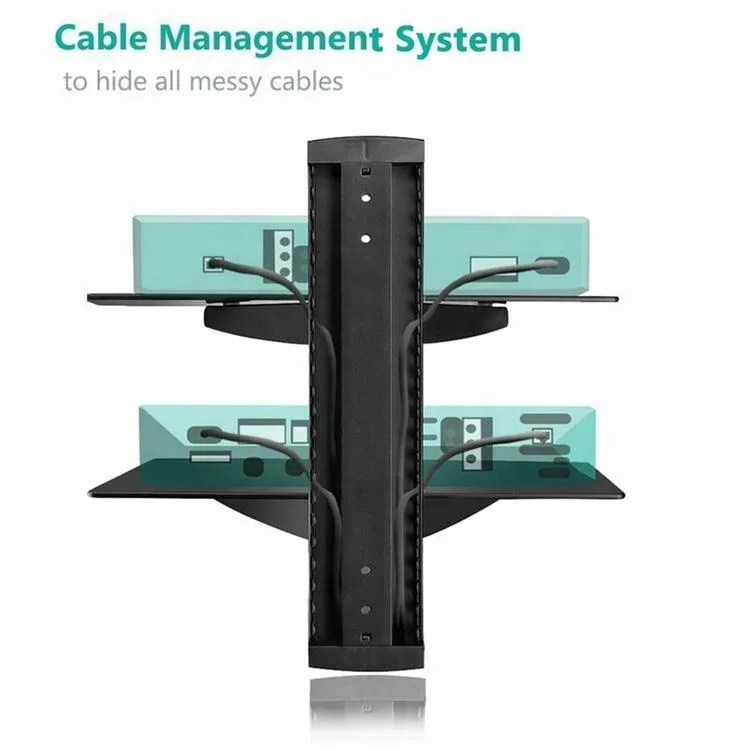 Black 2 Floating Shelf with Strengthened Tempered Glass for DVD Players/Cable Boxes/Games Consoles/TV Accessories