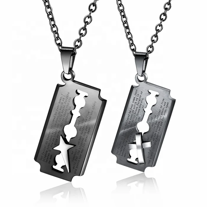 MECYLIFE 2019 Fashion Design Razor Shaver Barber Jewelry Stainless Steel Engraved Cross Pendant Necklace