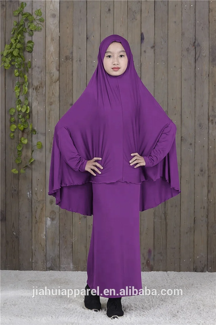 Wholesale Solid Color Muslim Kids Overhead Jilbab Two Piece Hijab Abaya Khimar Headscarf Prayer dress