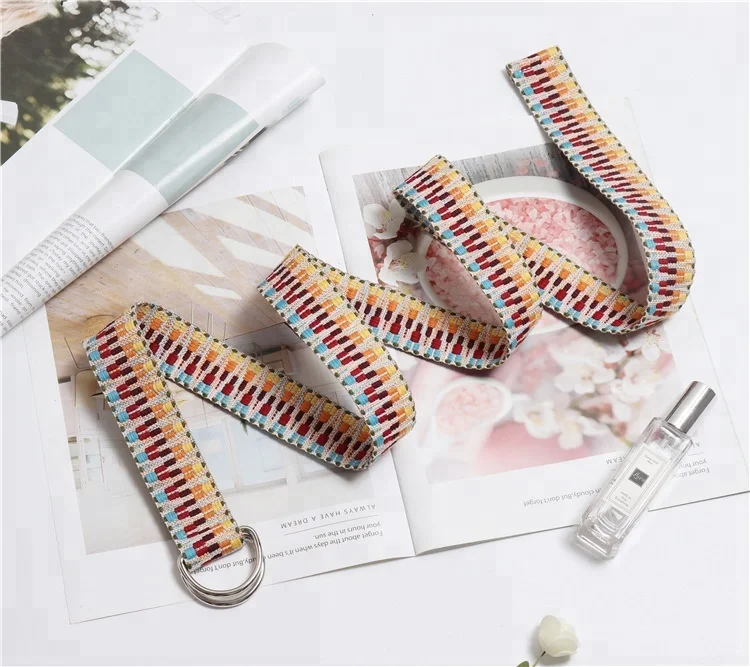 wholesale 2018 new fashion multi color ethnic canvas belts woven ladies long BF double ring belt women girdle