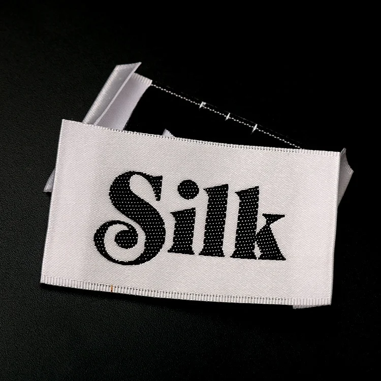 OEM Design Custom End Folding Textile Shiny Satin Woven Coats Tag Labels with Weaving Brand Logo
