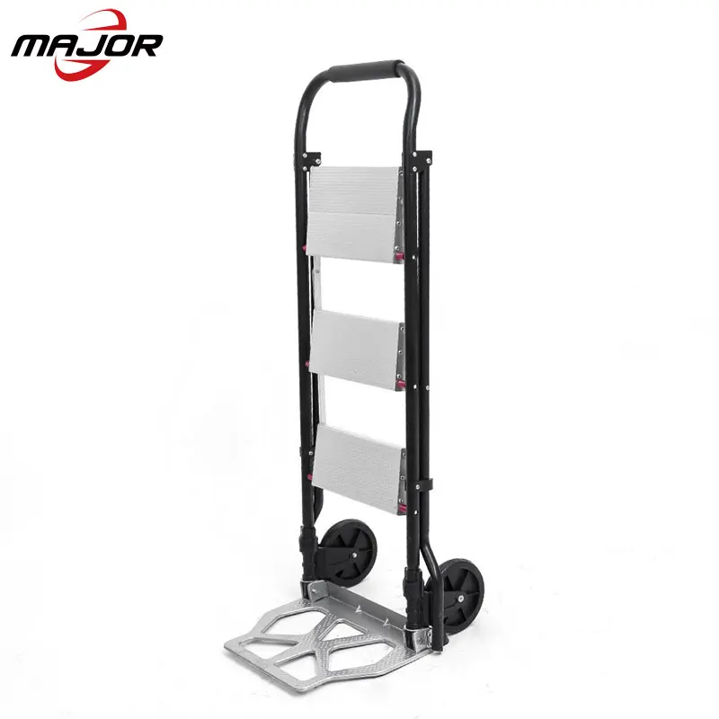 2-in-1 Aluminum Folding Portable Cart 3 Step Ladder Hand Truck Stool Ladder 330Lbs Heavy Duty Portable Cart with Two Wheels