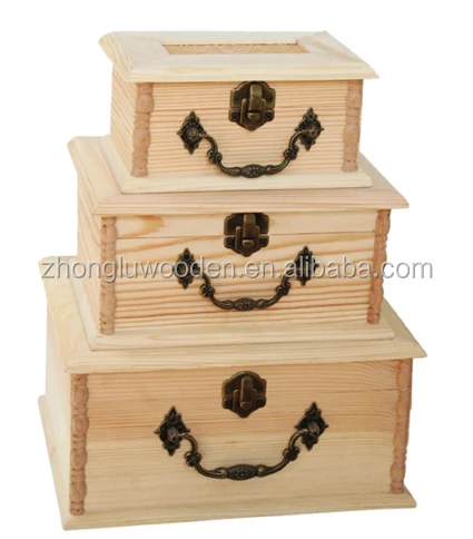 Cheap solid wood finished antique wooden treasure chest jewelry box with lock