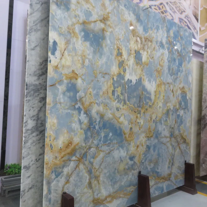 Newstar china vast sky blue onyx marble stone fireplace wall background bathroom decoration