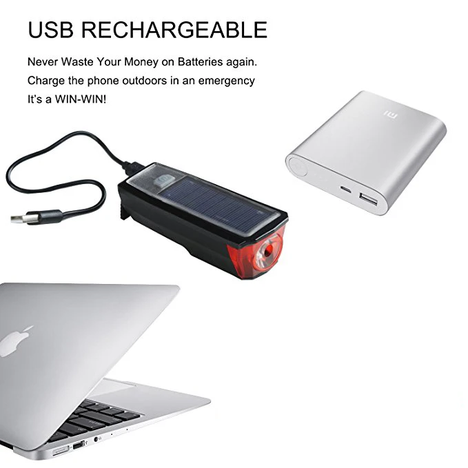 USB rechargeable waterproof IPX5  Solar Powered Bicycle Light LED Front Light with Bell Horn Solar mountain bike lights
