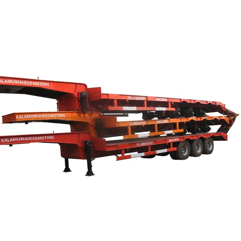tri-axle 50tons 60t lowboy flatbed truck low bed semi trailer with hydraulic ramp