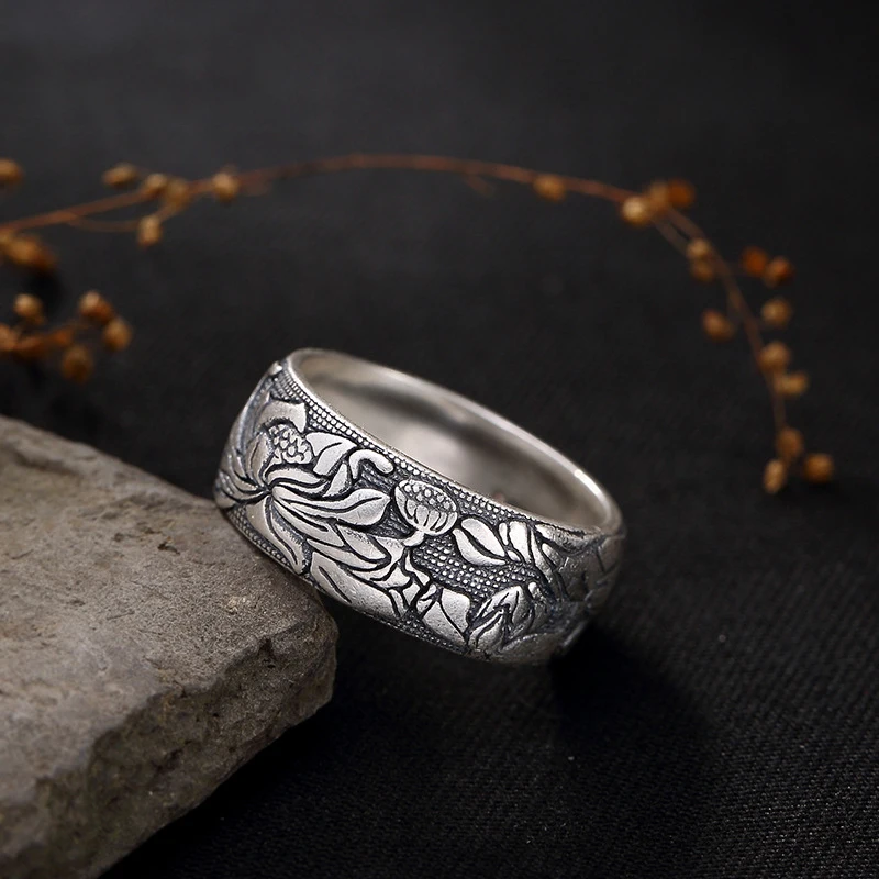 999 Sterling Silver Fine Jewelry Open Ring Buddhist Lotus Flower Men Thai Silver Fine Jewelry Gift Woman Men rings