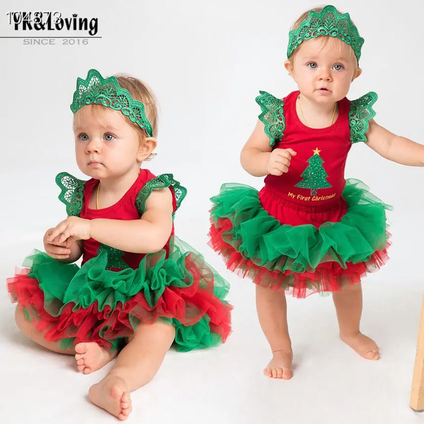 Christmas new 0-2 years old baby sleeveless wings print haber red and green bottoms skirt three-piece suit