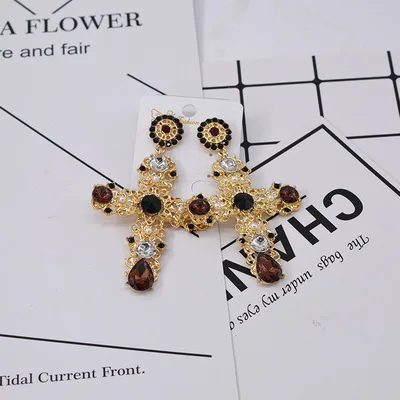 New Design Fashion KC Gold Cross With Black Red Crystal Heavy Party Jewelry Women Charm Earring