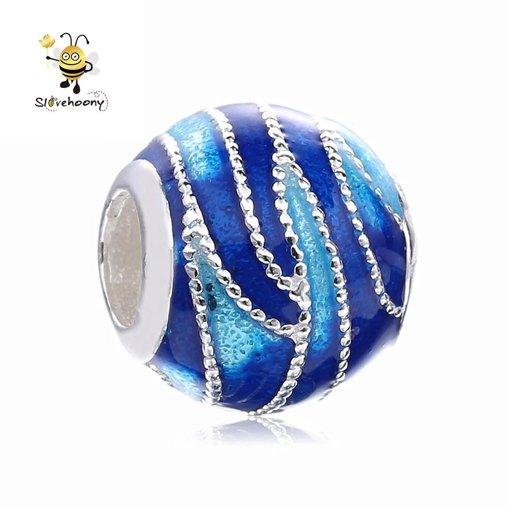 Хороший подарок на день матери, 925 кольцо из стерлингового серебра с голубым завитки Подвески бусины для браслетов, Голубая Эмаль, бусины для самостоятельного изготовления ювелирных украшений маркировки