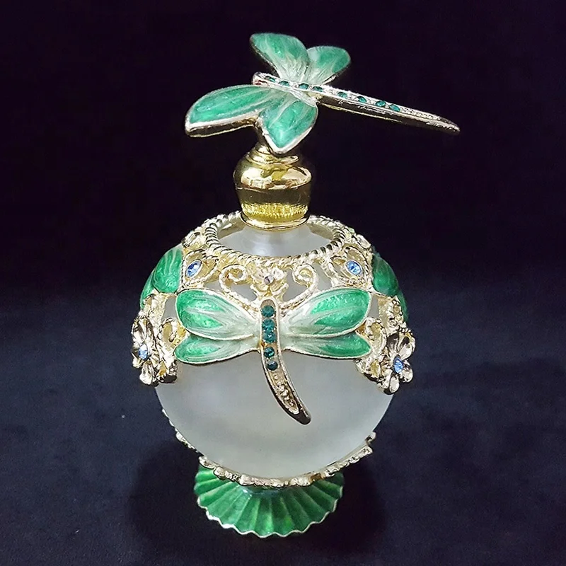 25ml round shaped metal alloy green dragonfly perfume bottle empty glass essential oil bottles with stainless bar#70010