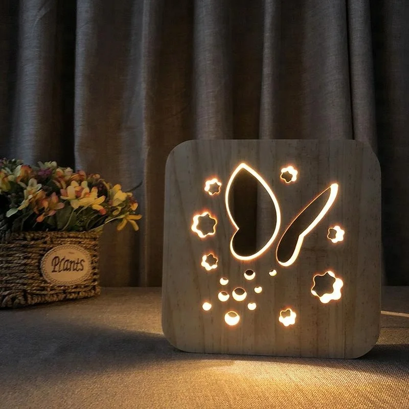custom natural wood christmas craft dog design effect led night stand light wooden table lamp