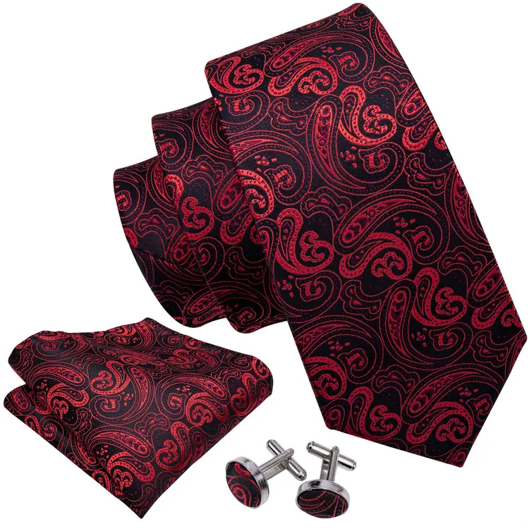 Fashion Design Wedding Red Silk Ties Men Paisley Necktie with Pocket Square