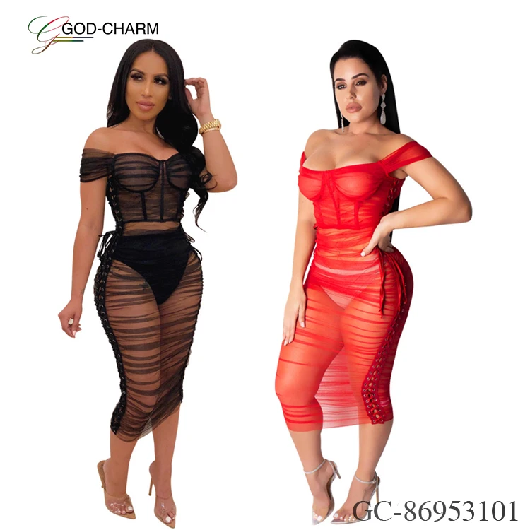 *GC-86953101 2022 new African clothing God-Charm wholesale sexy off-shoulder eyelet see-through mesh dress for nightclub wear