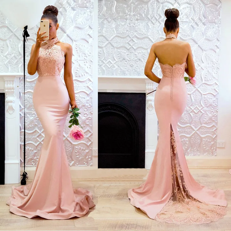 Women Sheer Halter Neck Sleeveless Evening Prom Dress 2019 Mermaid Satin Evening Dress