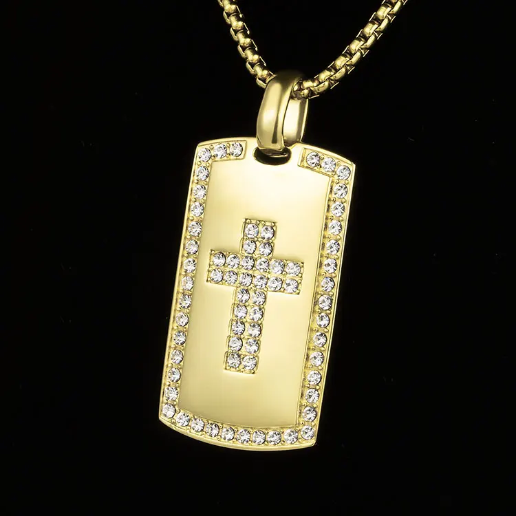 Promo Dog Tag Pendant High Quality Hip Hop Men Stainless Steel Gold Plating CZ Cross Piece Pendant
