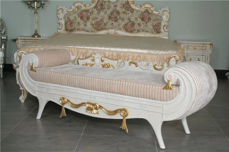 
luxury wooden bedroom furniture - hand carved leaf gilding classic bed end bench 