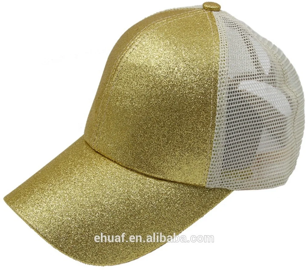 Six panel messy high bun adjustable glitter trucker bling mesh hat ponytail baseball cap