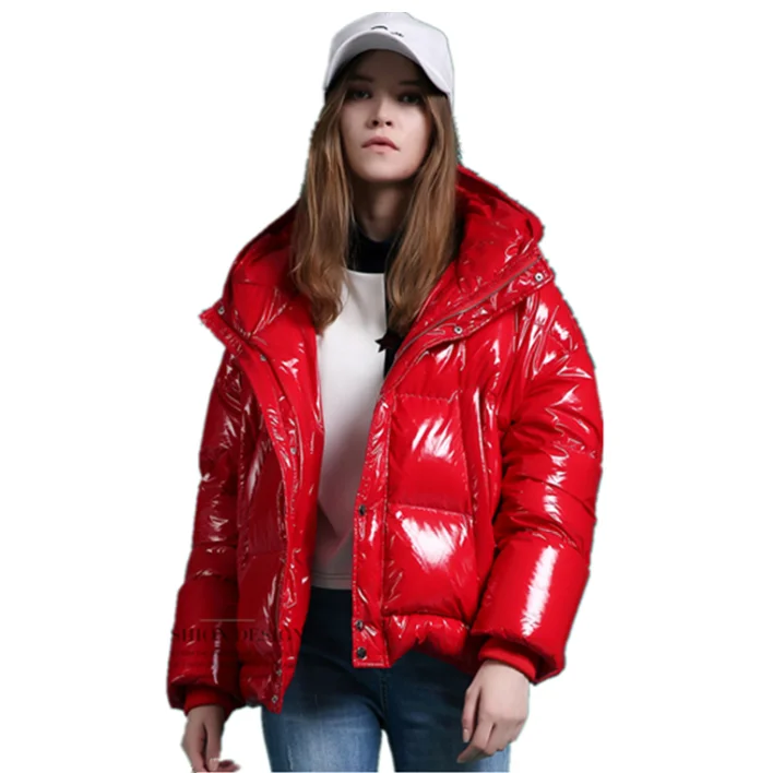 Wholesale Winter Jacket Women Fashionable Shiny Bubble Coat Short Sleeves Hooded Collar Waterproof Featuring Decorative Pocket