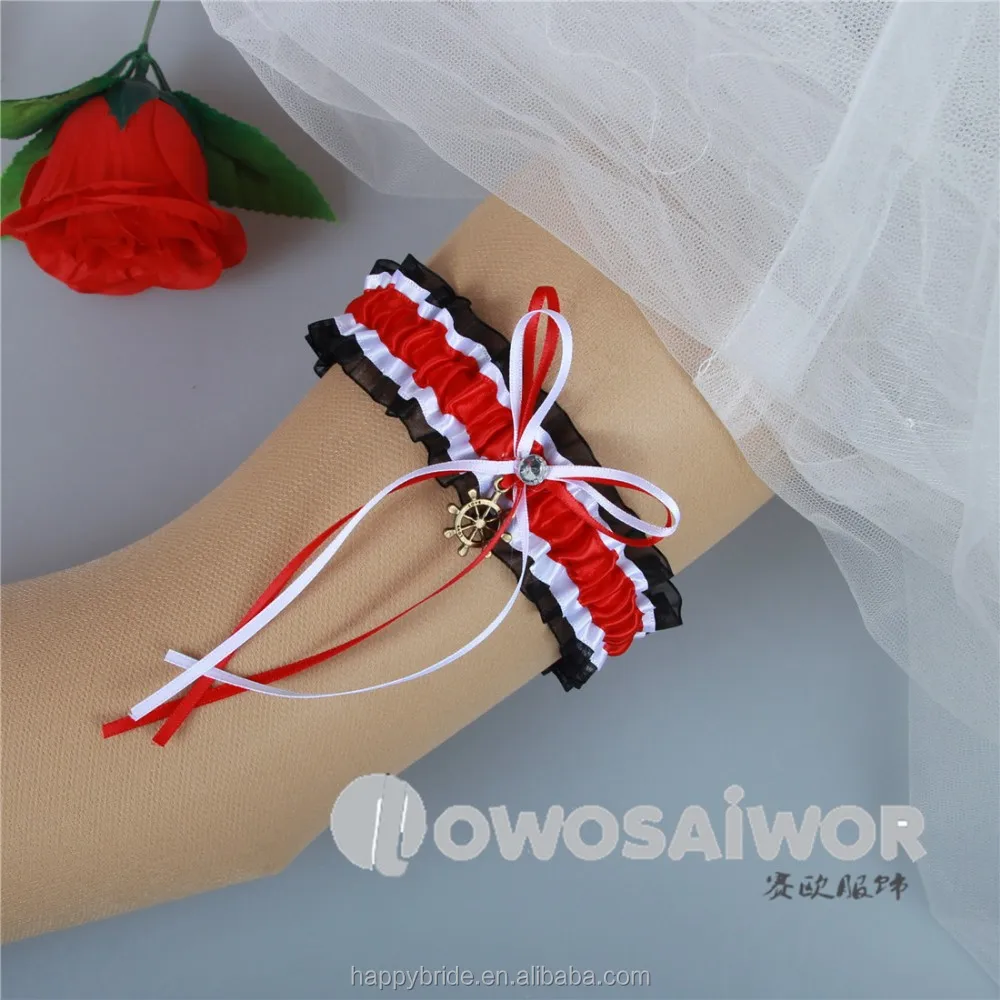 Набор эластичных свадебных поясов для чулок из органзы с красной лентой и черной тесьмой HT0057