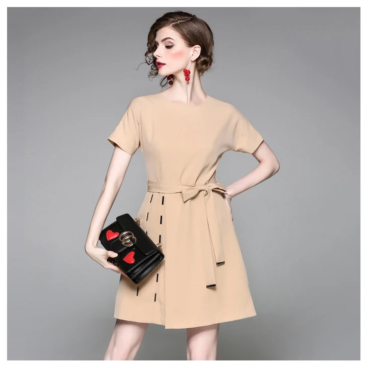 Custom promotion soft 100% polyester vintage khaki photography office dress for ladies with ribbon bow