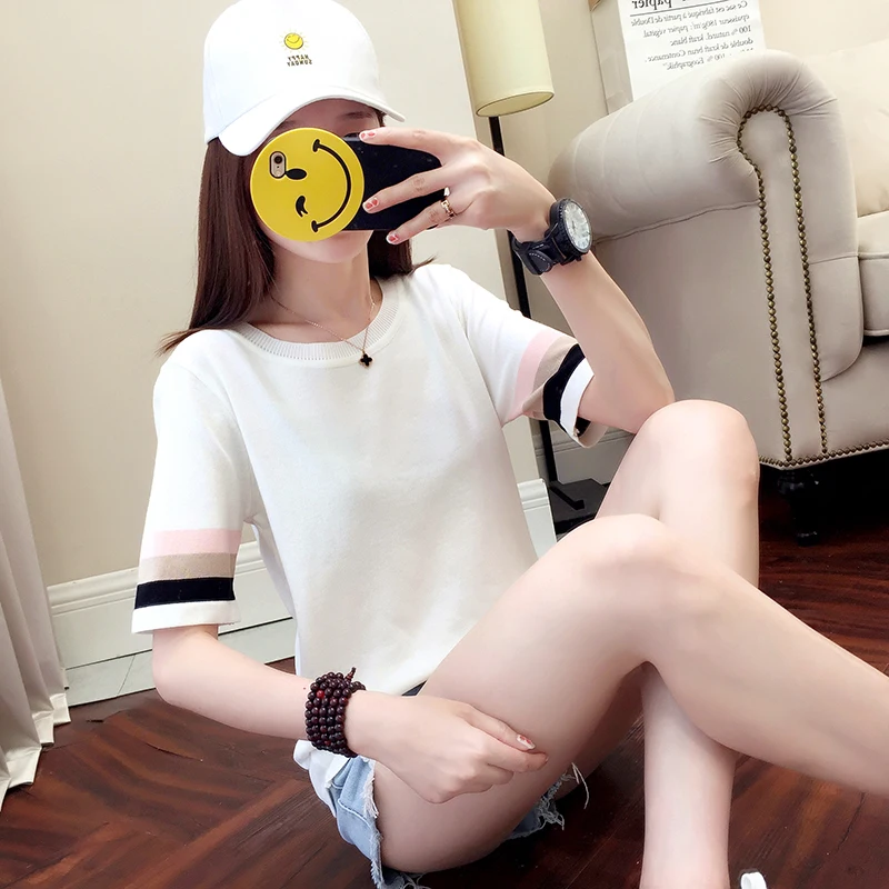 Лидер продаж, модный Свободный пуловер с круглым вырезом и короткими рукавами из вискозы в Корейском стиле для девушек, женский свитер с принтом в стиле пэчворк, рубашка